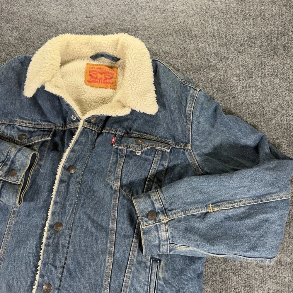 Levi's Sherpa Trucker Jacket Denim Fleece Lined Jean Coat Large Blue Mens L